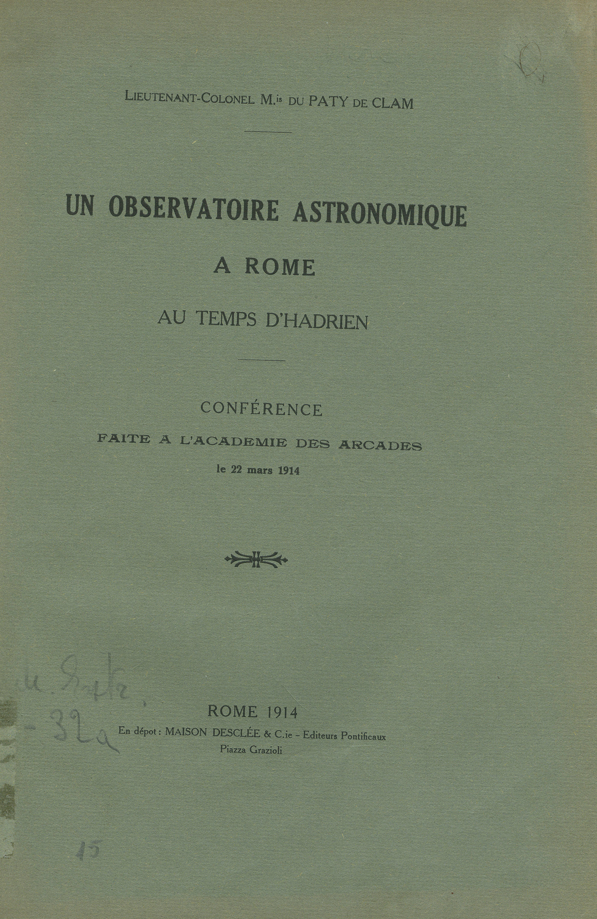 Un Observatoire Astronomique a Rome au Temps d' Hadrien 