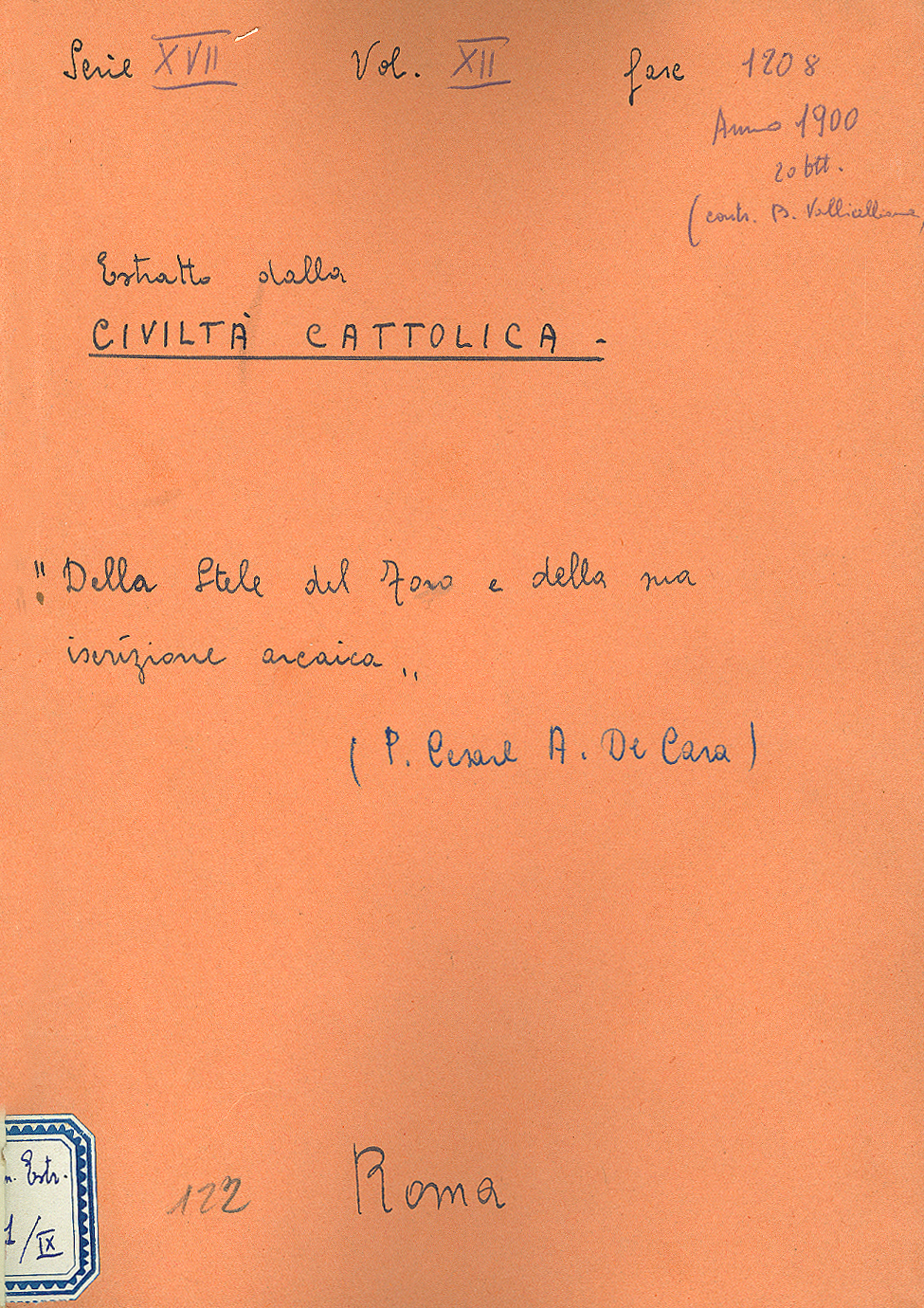 Della Stela del Foro e della sua Iscrizione Arcaica (20 ottobre 1900)