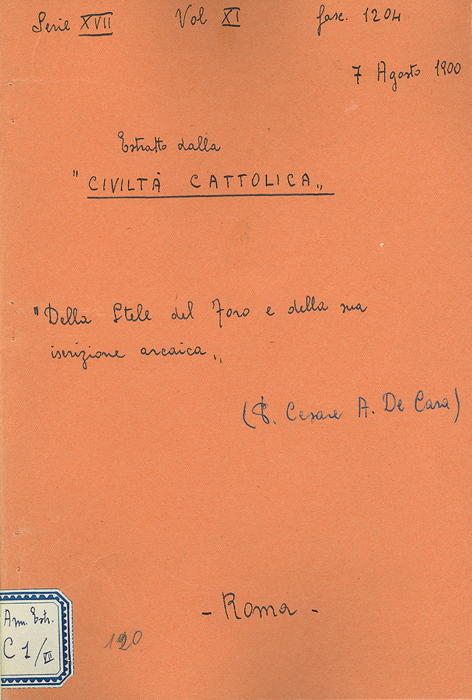 Della stela del Foro e della sua iscrizione arcaica (7 agosto 1900)