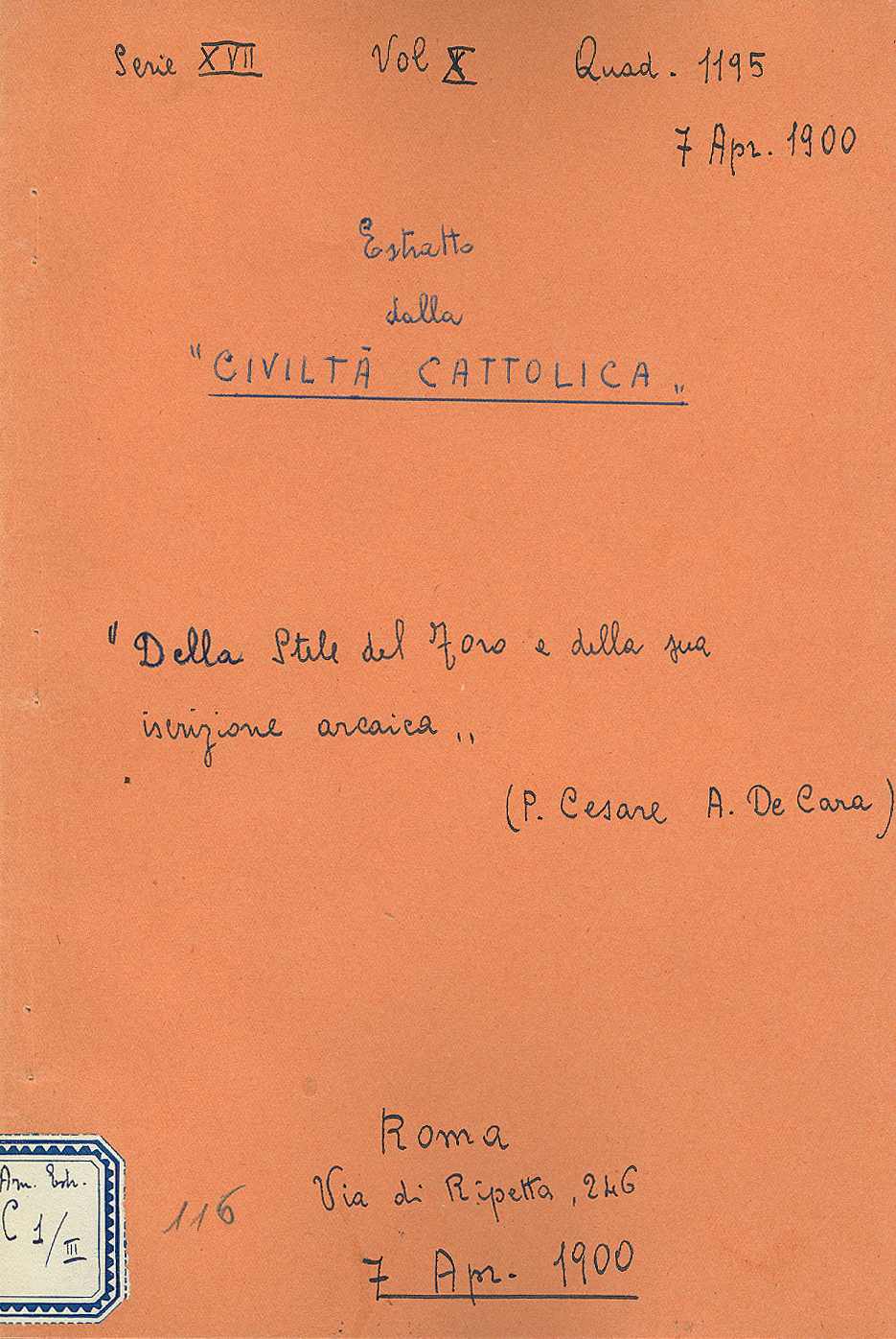 Della stela del Foro e della sua iscrizione arcaica (7 aprile 1900)