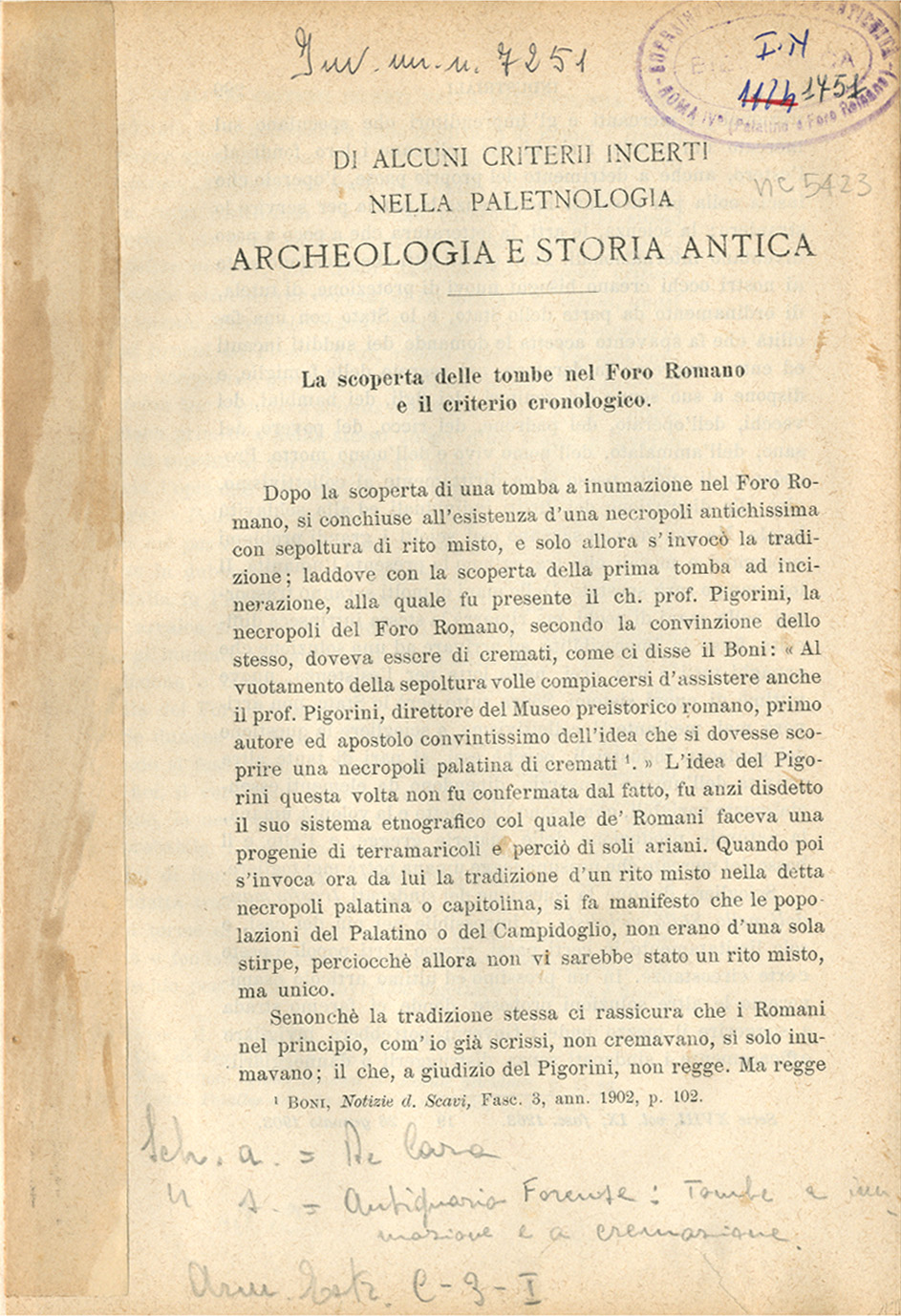 Di alcuni criterii incerti nella Paletnologia Archeologia e Storia antica. La scoperta delle Tombe nel Foro Romano e il criterio cronologico.