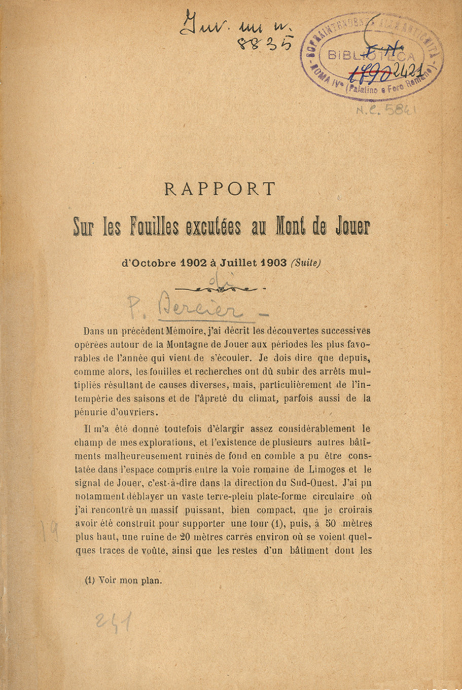 Rapport sur les fouilles excuées au Mont de Jouer