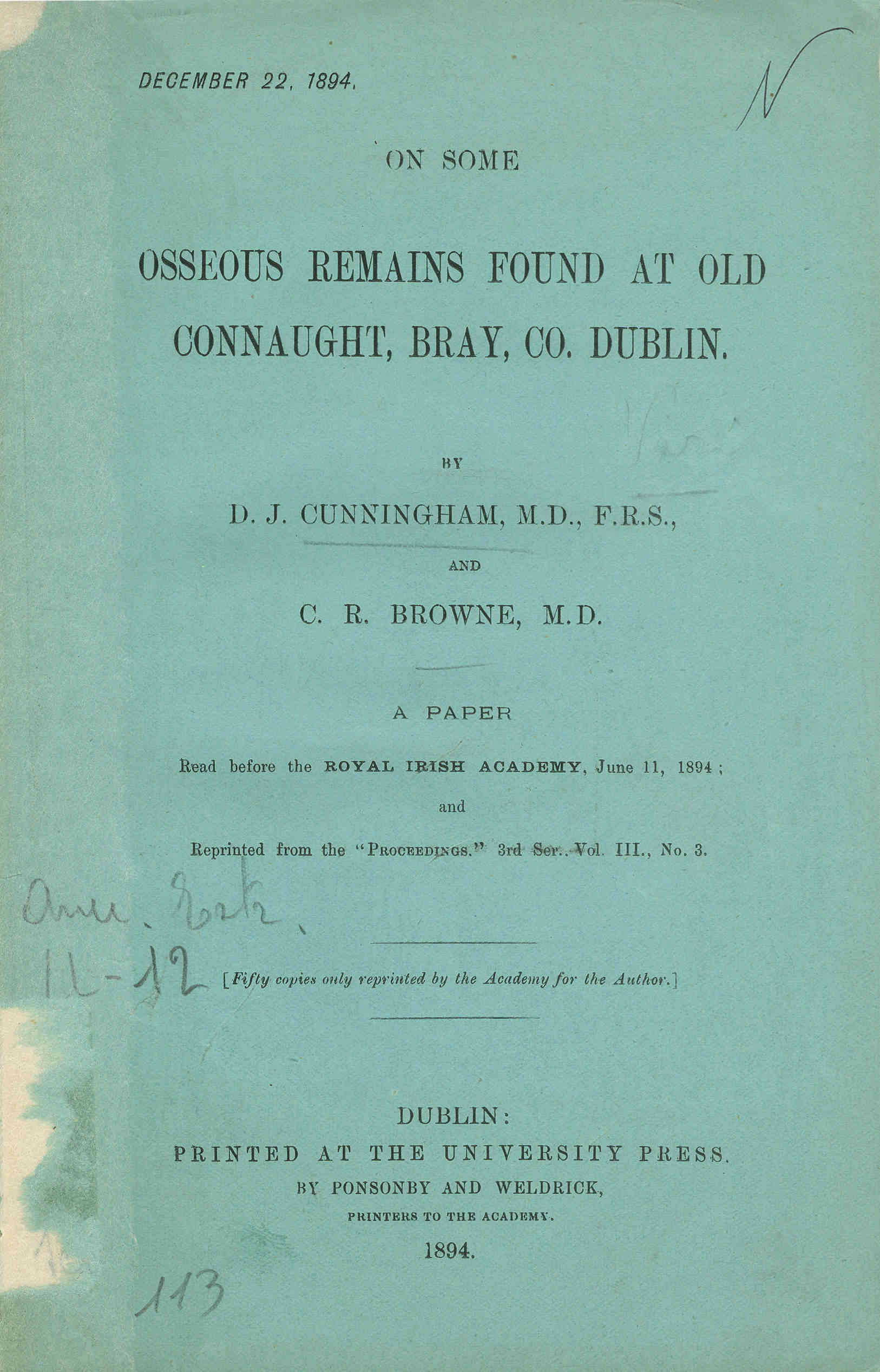 On osseous remains found at Old Connaught, Bray,co. Dublin.