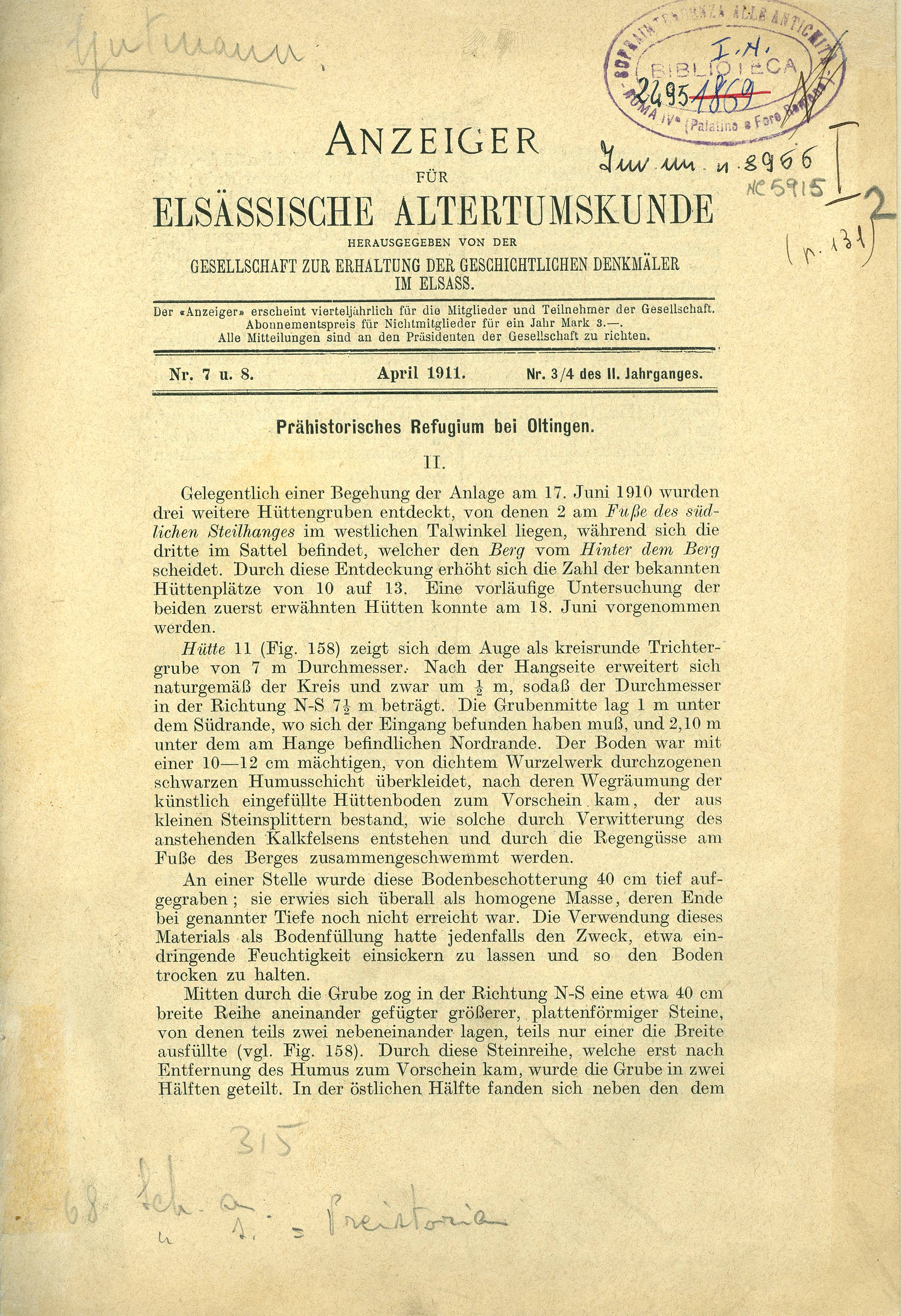 Anzeinger fur Elsassische Altertumskunde herausgegeben von der Gesellschaft zur Erhaltung der Geschichtlichen Denkmaler im Elsass, n°7 u.8.