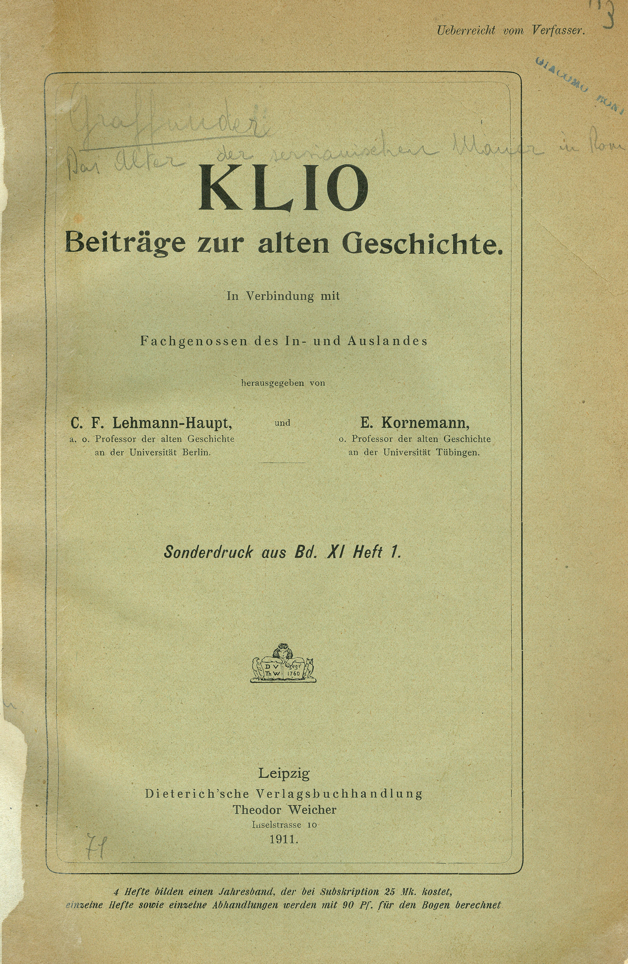 Klio Beitrage zur Alten Geschicht In Verbindung mit Fachgenossen des In-und Auslender