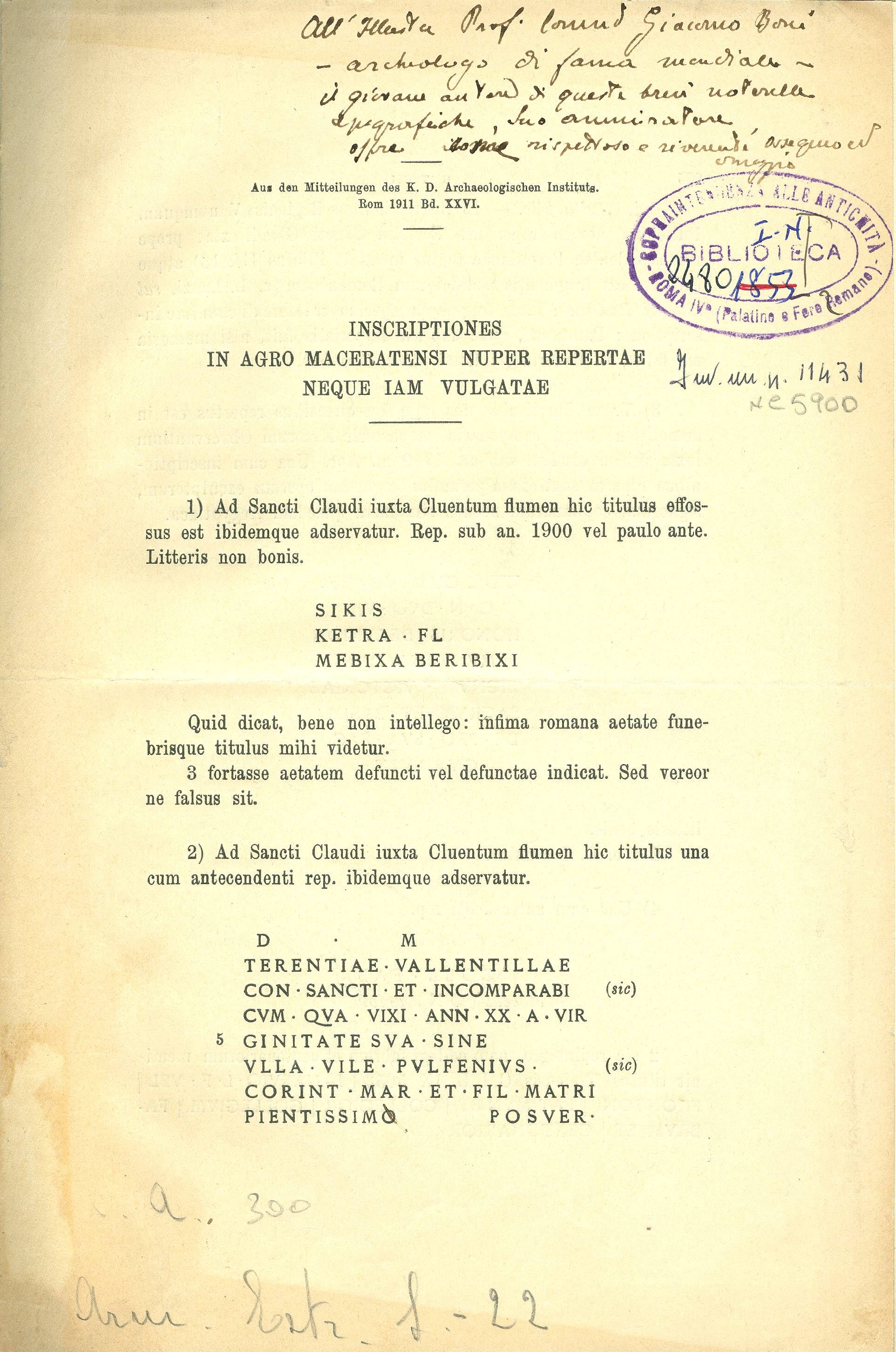INSCRIPTIONES IN AGRO MACERATENSI NUPER REPARTAE NEQUE IAM VULGATAE