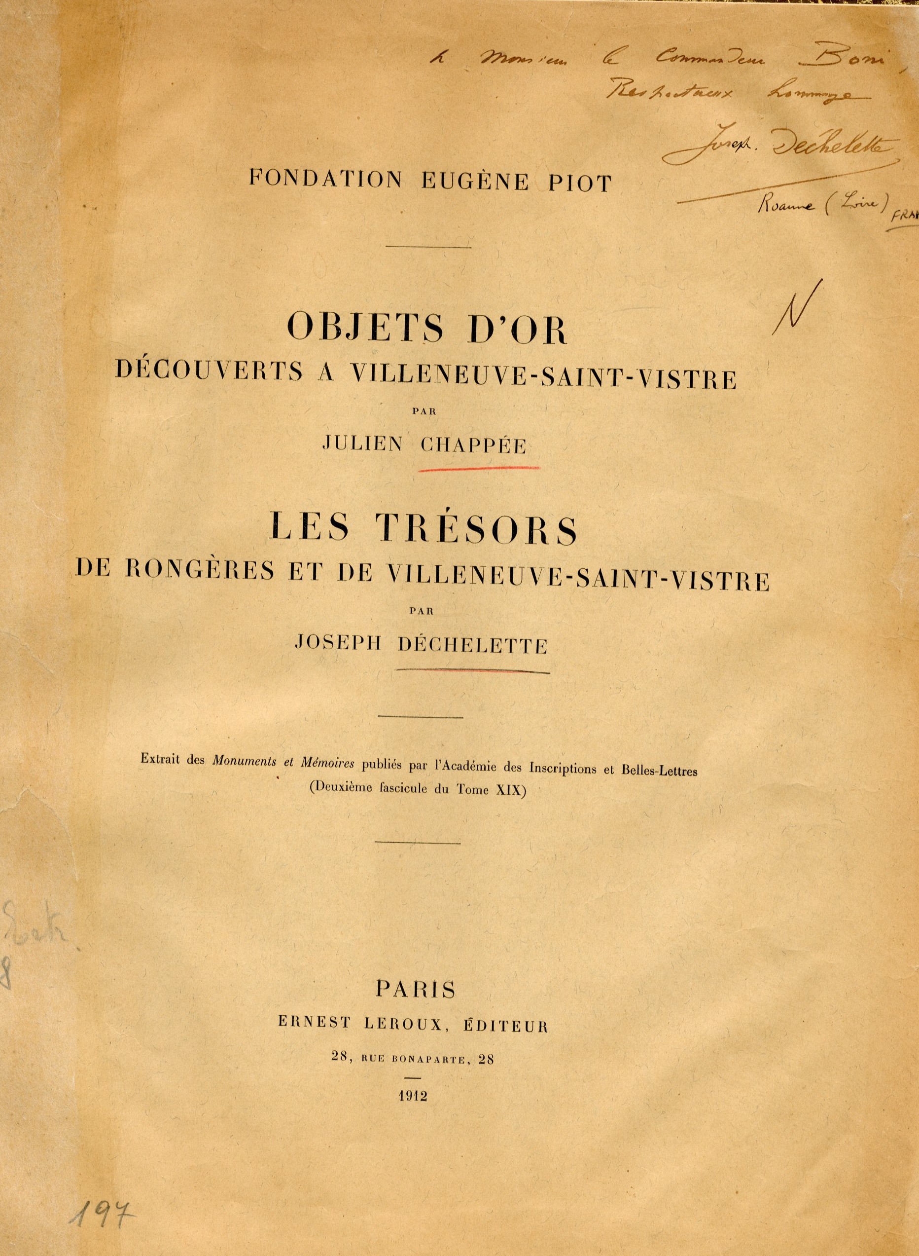 OBJETS D'OR Dècouverts a Villeneuve - Saint - Vistre; LES TRèSORS de Rongères et de Villeneuve - Saint - Vistre