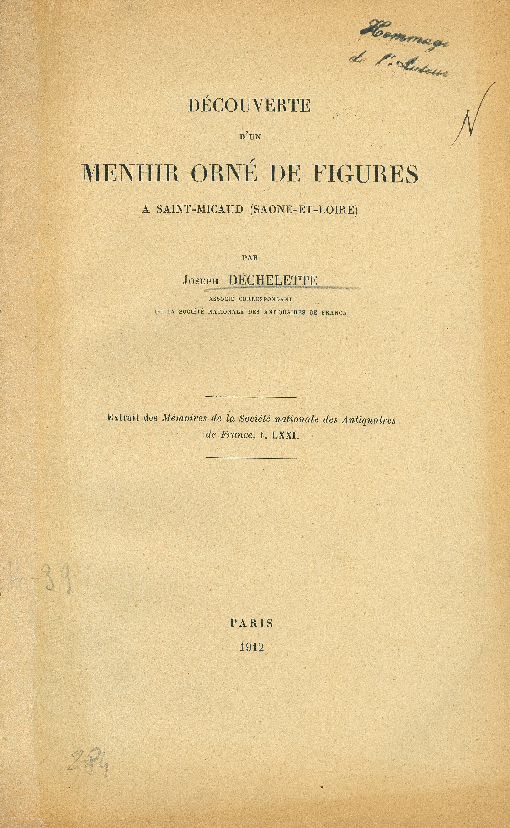Découverte d'un menhir orné de figures a Saint-Micaud (Saone-et-Loire)