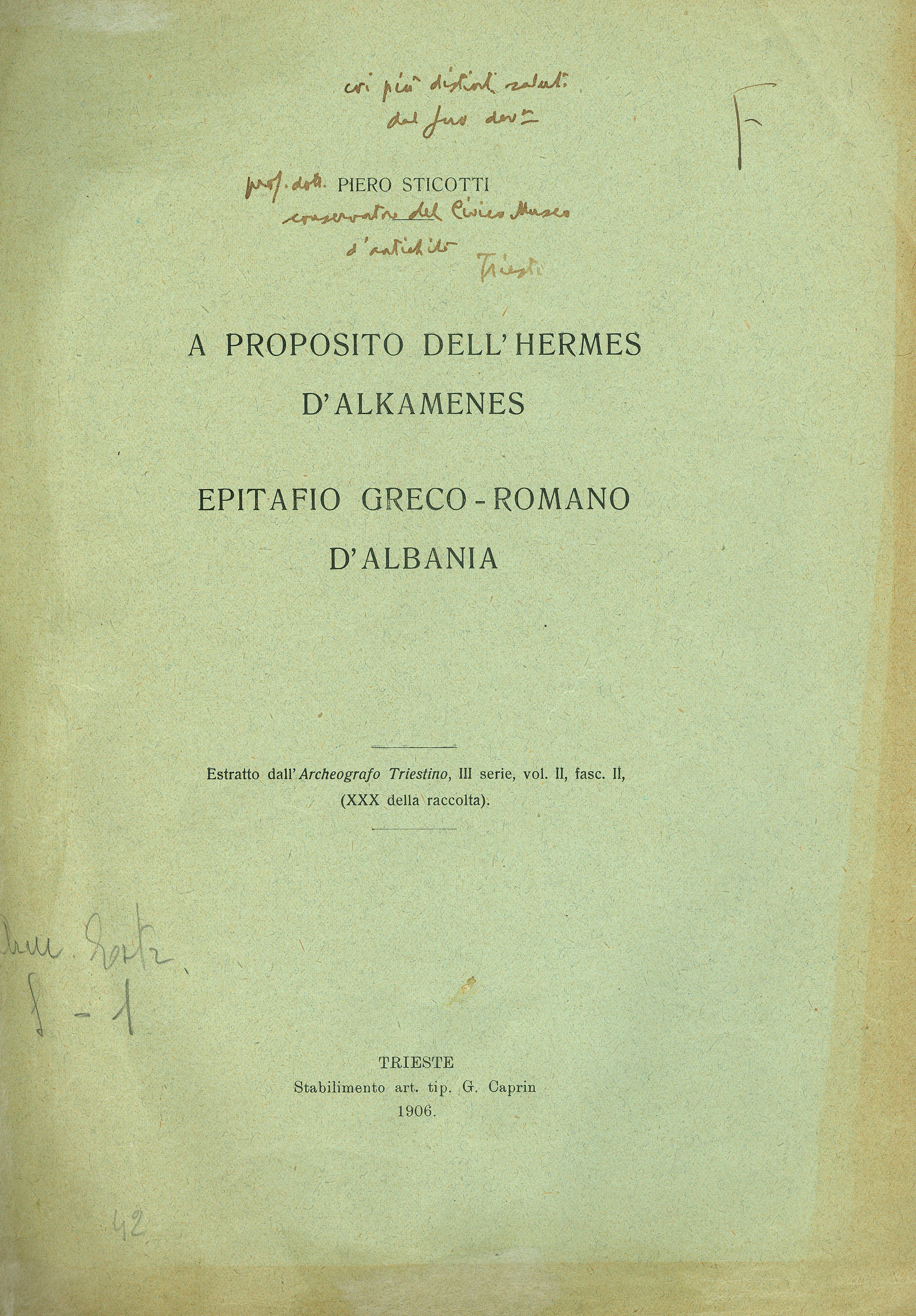 A proposito dell' Hermes d'Alkamenes. Epitafio Greco - Romano d'Albania