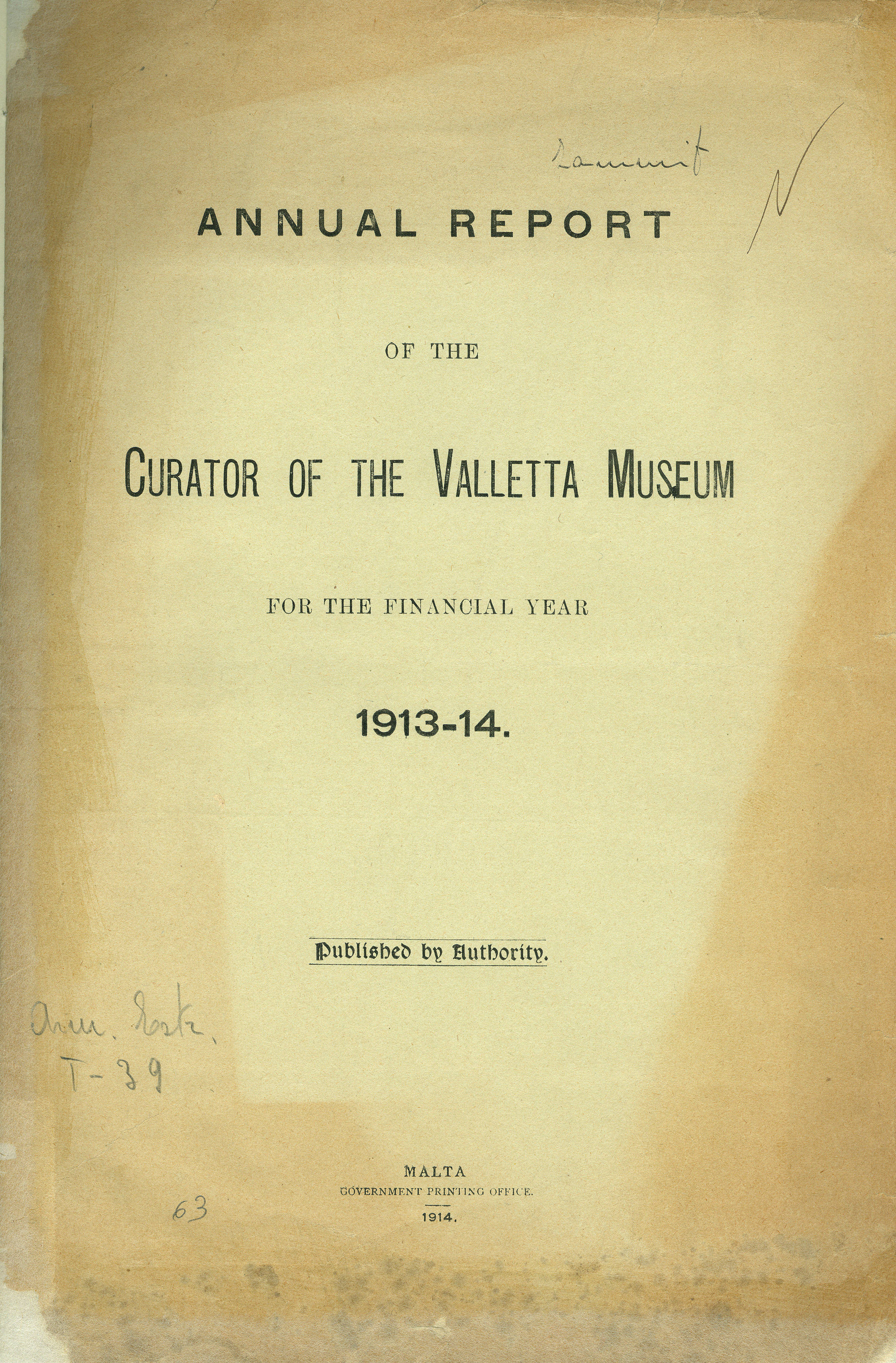 Annual report of the curator of the Valletta Museum for the Financial Year