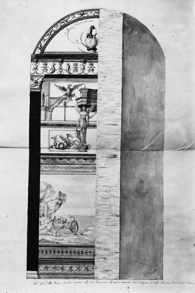 001599 - elaborato grafico - Aula Isiaca, parete di fondo tagliata dal muro curvilineo, conserva la decorazione per circa la quarta parte, per una fascia che scende dalla lunetta al pavimento. La decorazione Ã¨ fortemente corrosa. Ricostruzione grafica di Gaetano Piccini Romano nel settembre del 1724, acquarello. Si colloca nella fase finale del II stile pompeiano. 