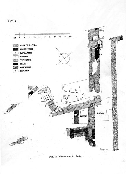 000002 - elaborato grafico - Palatino, Roma quadrata, con la 
Scalae Caci, pianta della zona dal Soeflund; senza negativo