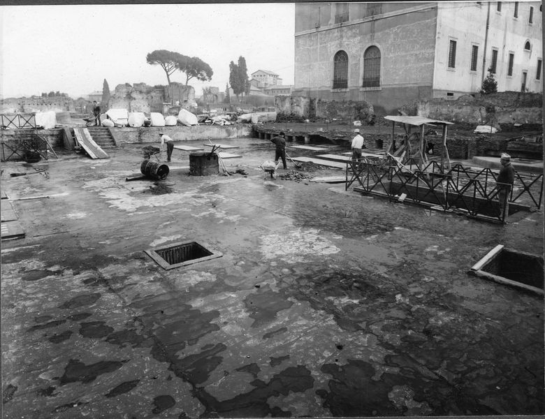 005528 - monumento - Veduta generale del triclinio della Domus Flavia e la copertura della Domus Transitoria. Neg. serie F nÂ°2412