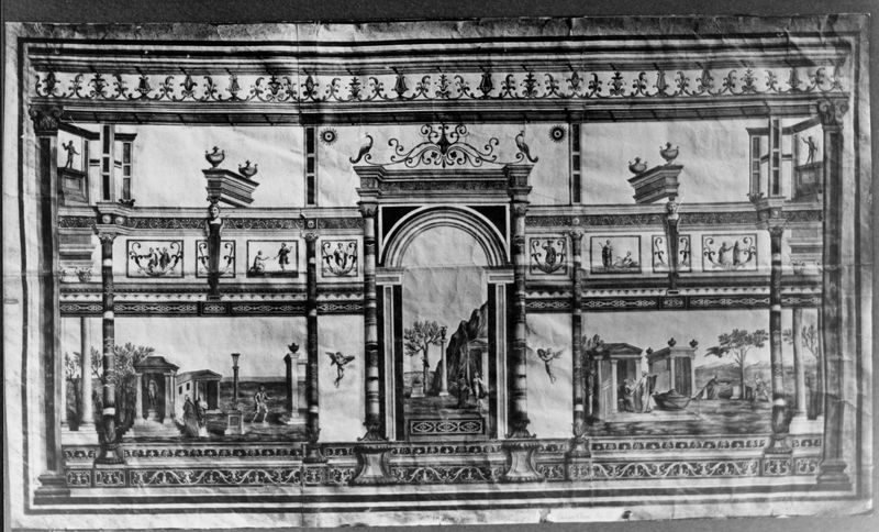 001595 - elaborato grafico - Aula Isiaca, parete lunga, acquerello di F. Bartoli, eseguito al momento della scoperta dell'aula, avvenuta nel 1724 durante gli scavi che F. Bianchini condusse nell'area del palazzo dei Flavi, tra il 1720 e il 1730 per conto di Francesco I, duca di Parma. Bibliografia: Iacopi, I. "Aula Isiaca" 1997 pp.8-9