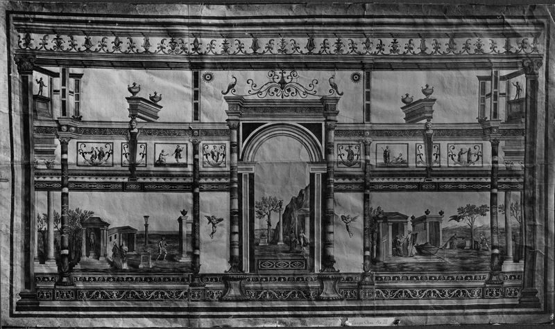 001594 - elaborato grafico - Aula Isiaca, parete lunga, acquerello di F. Bartoli, eseguito al momento della scoperta dell'aula, avvenuta nel 1724 durante gli scavi che F. Bianchini condusse nell'area del palazzo dei Flavi, tra il 1720 e il 1730 per conto di Francesco I, duca di Parma. Bibliografia: Iacopi, I. "Aula Isiaca" 1997 pp.8-9