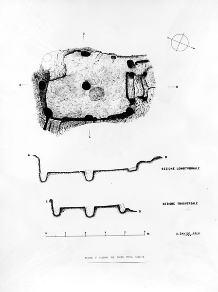 001679 - elaborato grafico - Palatino, Roma quadrata, capanne protostoriche: pianta e sezioni del fondo della grande capanna (Arch. A. Davico, 1949); Gab. Fot. Naz., neg. serie E n. 33229 e neg. serie 9x12 n. 75I