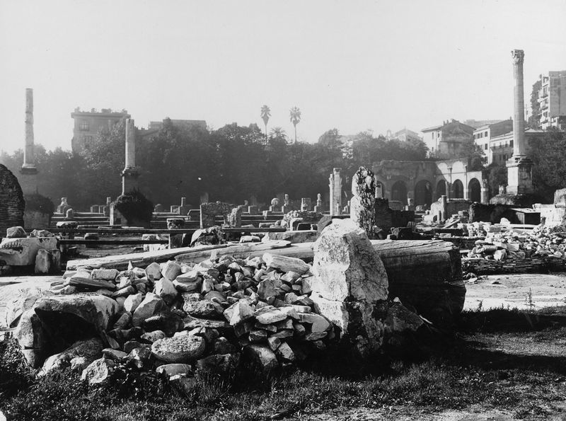 011195 - reperto - Basilica Emilia, frammenti di colonne in marmo cipollino, all'interno dell'aula. Neg. serie E nÂ°1159 [Reg. agosto 1958] 