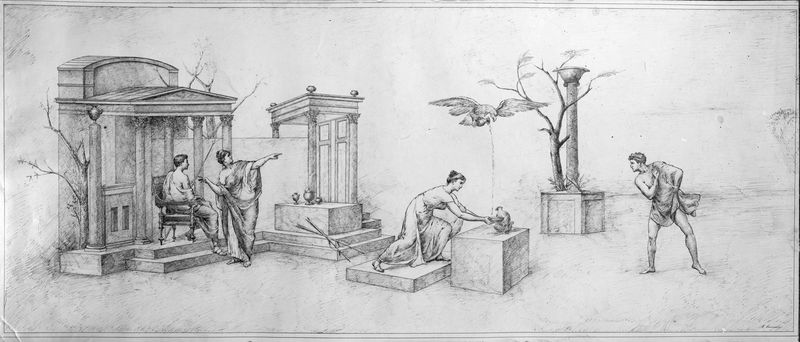 001600 - elaborato grafico - Aula Isiaca, scena sacrificale su un'ara in luogo sacro caratterizzato da edifici, alberi e simboli sacri, alla presenza di varie persone. Un'aquila, planando con un vaso negli artigli, irrora di liquido. Disegno di Cremonini. Bibliografia: Iacopi, I. "Aula Isiaca" 1997 Electa pag. 9