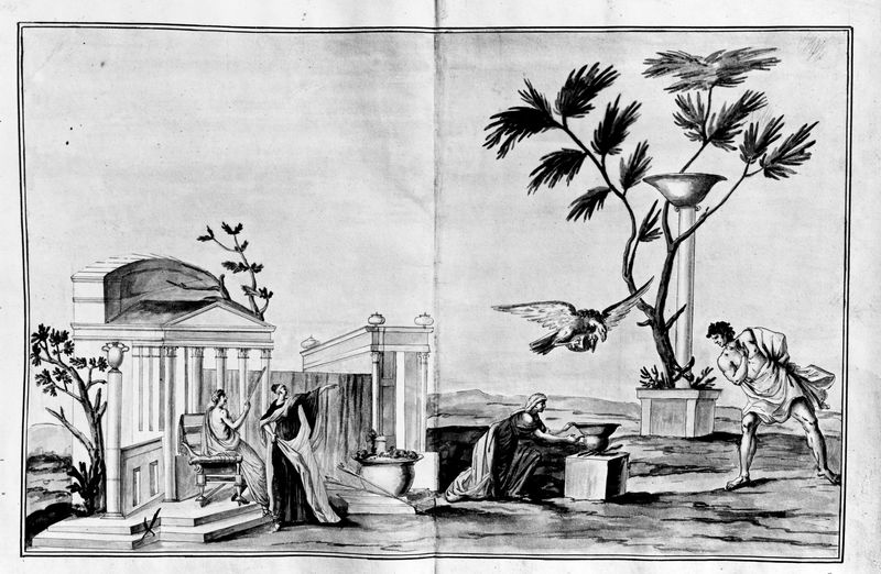 001601 - elaborato grafico - Aula Isiaca, scena sacrificale su un'ara in luogo sacro caratterizzato da edifici, alberi e simboli sacri, alla presenza di varie persone. Un'aquila, planando con un vaso negli artigli, irrora di liquido. Risalente al XVIII secolo. Bibliografia: Iacopi, I. "Aula Isiaca" 1997 Electa pag. 9
