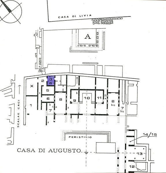 001860 - elaborato grafico - Casa di Augusto, ambiente 4, c.d. della scala: pianta generale.
Bibliografia: Musatti, G. "Casa di Augusto sul Palatino. L'intervento di restauro e considerazioni sulla decorazione pittorica" in Bollettino d'Arte 2, aprile-giugno 2009 (serie VII) pp. 21 e ss. /  Iacopi, I. "La Casa di Augusto, le pitture" Electa 2007 