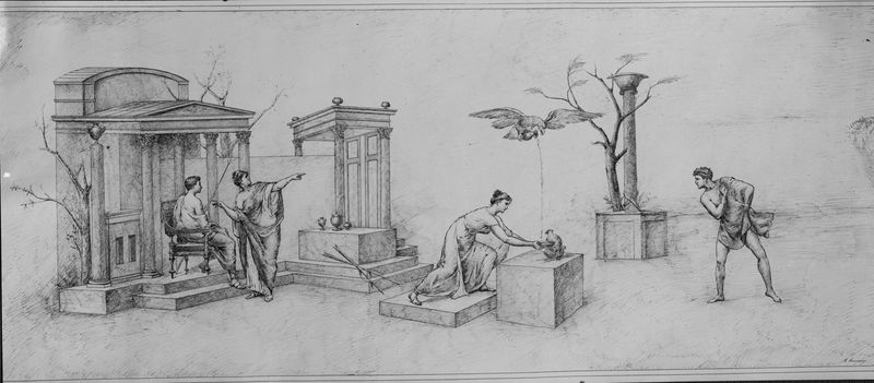001603 - elaborato grafico - Aula Isiaca, scena sacrificale su un'ara in luogo sacro caratterizzato da edifici, alberi e simboli sacri, alla presenza di varie persone. Un'aquila, planando con un vaso negli artigli, irrora di liquido. Disegno di Cremonini. Bibliografia: Iacopi, I. "Aula Isiaca" 1997 Electa pag. 9
Neg. serie C nÂ° 445