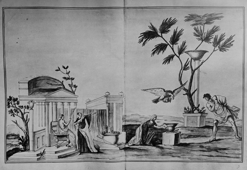 001602 - elaborato grafico - Aula Isiaca, scena sacrificale su un'ara in luogo sacro caratterizzato da edifici, alberi e simboli sacri, alla presenza di varie persone. Un'aquila, planando con un vaso negli artigli, irrora di liquido. Bibliografia: Iacopi, I. "Aula Isiaca" 1997 Electa pag. 9
Neg. serie C nÂ°453