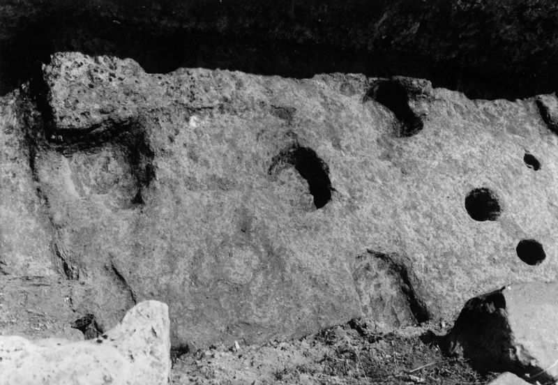 000052 - monumento - Palatino, Roma quadrata, le Scalae Caci, fori di capanne nel piano di roccia sottostante alle Scalae (foto Davico); senza negativo