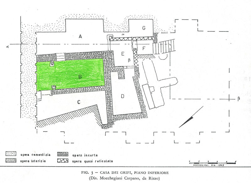 001788 - elaborato grafico - Casa dei Grifi, piano inferiore, vano B (o cubiculo centrale): pianta del piano inferiore della Casa dei Grifi, con particolare attenzione al vano B, e relative opere murarie. Si noti l'opera incerta nel vano B. 
Bibliografia: Morricone, M.L. "Mosaici antichi in Italia-Regio X, Palatium" 1967 pag. 18