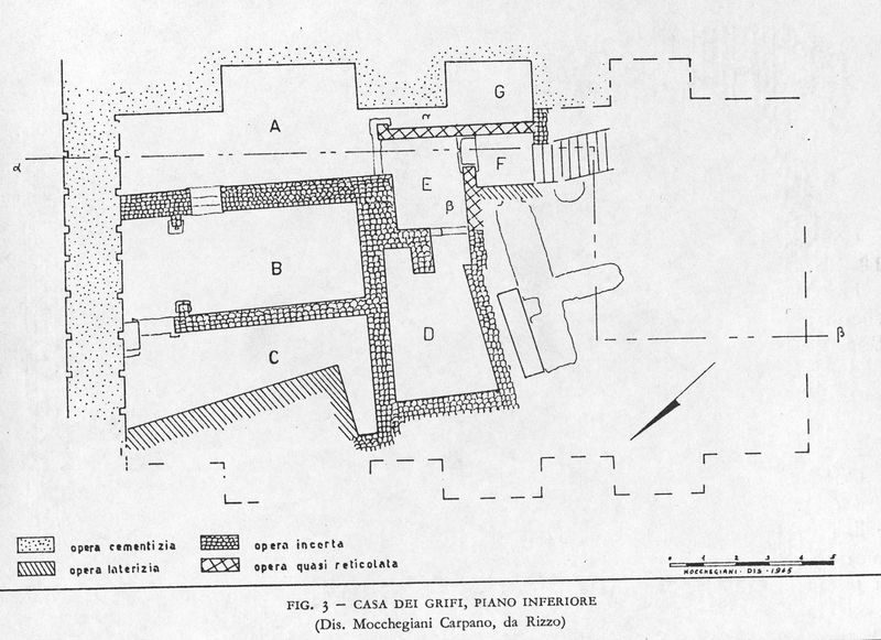 001784 - elaborato grafico - Casa dei Grifi, piano inferiore, pianta generale contenente indicazioni sulle opere murarie: opera laterizia di epoca flavia, opera quasi reticolata, opera cementizia e opera incerta. Riferimenti bibliografici: Morricone, M.L. "Mosaici antichi in Italia-Regio X, Palatium" 1967 pag. 18 fig. 4