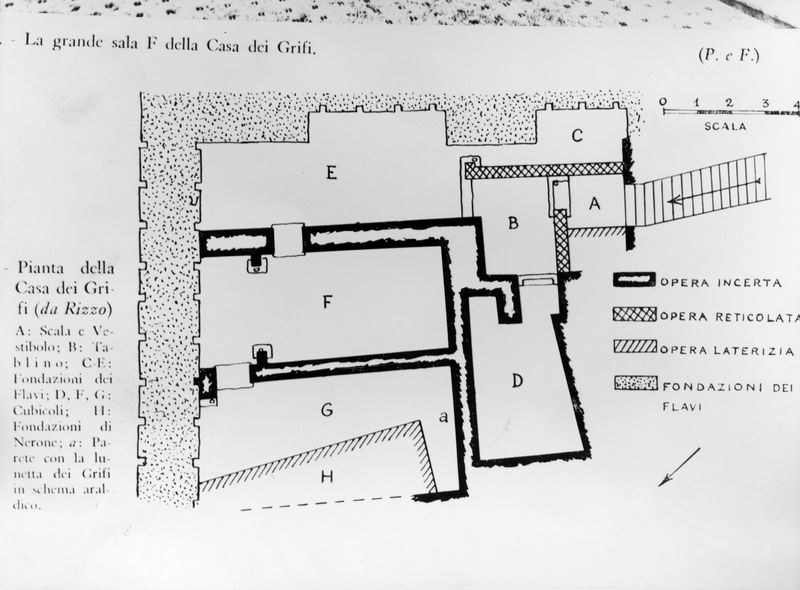 001785 - elaborato grafico - Casa dei Grifi, piano superiore, pianta generale contenente indicazioni sulla destinazione d'uso degli ambienti: ambiente A, scala; ambiente B, tablinium; ambienti C/E, fondazioni di etÃ  flavia; ambienti D/F/G: cubicula; H, fondazione di etÃ  neroniana. Indicazioni precise anche sulle opere murarie (opera incerta, laterizia, reticolata).

 Riferimenti bibliografici: Rizzo, Le pitture della casa dei Grifi, 1936

Film nÂ° 1114