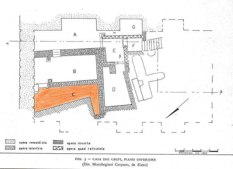 001671 - elaborato grafico - Casa dei Grifi, piano inferiore, vano C (Stanza dei Grifi): pianta delle opere murarie, con particolare attenzione alla stanza C, rivestita in opera laterizia. Riferimenti bibliografici: Morricone "Mosaici antichi in Italia, Regio X, Palatium" 1967

