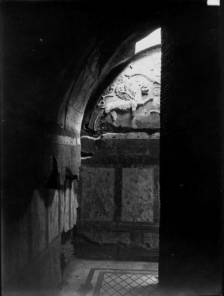 001673 - monumento - Casa dei Grifi, piano inferiore, vano C: decorazione in stucco con due grifi e girali di foglie di acanto. Riferimento bibliografico: Rizzo, Le pitture di casa dei Grifi 1936 

Neg. serie E nÂ° 551