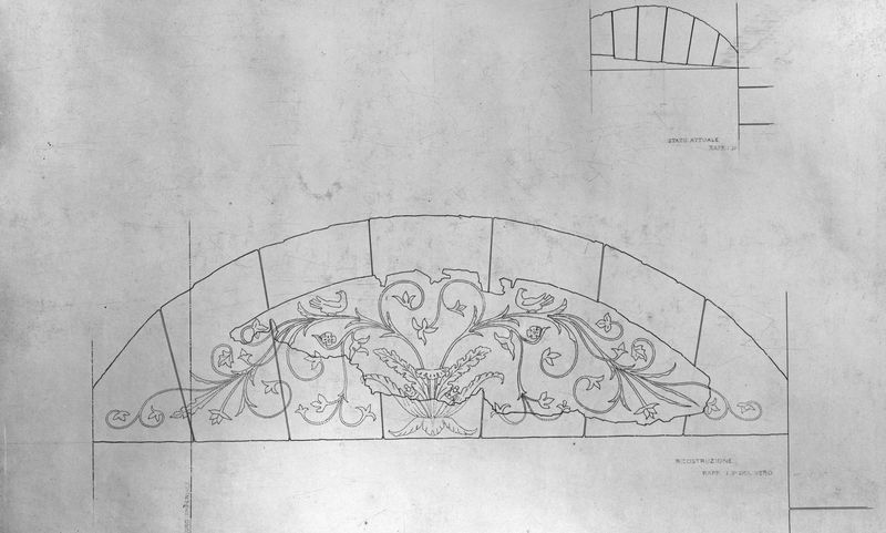 001675 - elaborato grafico - Casa dei Grifi, piano inferiore, vano C (Stanza dei Grifi): ricostruzione grafica della decorazione in stucco del vano C della Casa dei Grifi. Riferimenti bibliografici: Rizza, Le pitture della Casa dei Grifi 1936

Neg. serie E nÂ° 2102 (lastra spezzata in due parti)