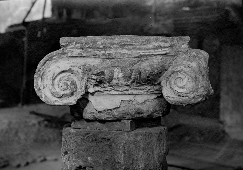 001839 - reperto - Casa dei Grifi, capitello ionico di colonna normale con collarino, decorato con volute, echino ed astragalo, in pessime condizioni di conservazione. Ritrovato durante gli scavi nella Casa dei Grifi. Visione frontale

Senza negativo