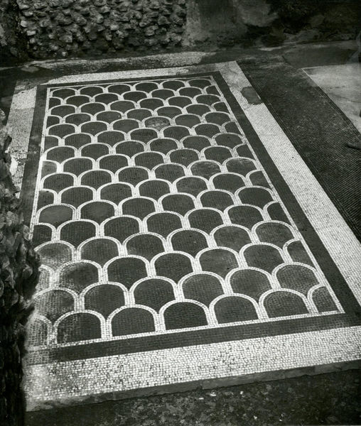 002746 - monumento - Casa di Livia, tra l'atrio E e la soglia del vano D (triclinio): balza marginale di tessere bianche e una cornice composta da sei filari di tessere nere, accompagnate da due filari di tessere bianche. Il mosaico si compone del motivo di "squame" o altrimenti detto di "embrici".  Databile tra l'etÃ  di Cesare ed Augusto. 

Bibliografia: "Mosaici antichi in Italia- Regio X Palatium" 1967

Neg. serie 6x6 nÂ°775