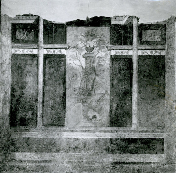 002798 - monumento - Casa di Livia, Triclinio o Sala dei Paesaggi (vano D): particolare della parete di fondo, raffigurante un paesaggio sacro. Bibliografia: Rizzo "Le pitture della casa di Livia" 1936

Neg. serie Istituto Centrale del Restauro nÂ° 6276