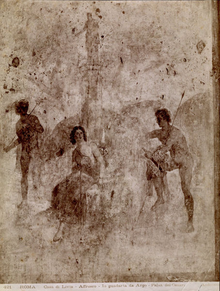 002786 - monumento - Casa di Livia,tablino o Sala del Polifemo (vano B), parete sud-ovest: raffigurazione di Io, Argo ed Hermes. Pittura in secondo stile pompeiano (fase finale- II B del Beyen). Bibliografia: Rizzo "Le pitture della Casa dei Grifi" 1936

Senza negativo