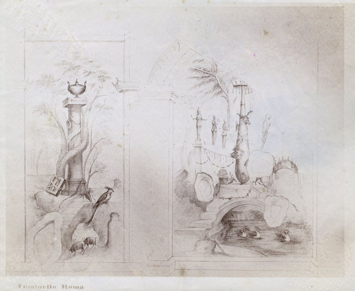 002792 - elaborato grafico - Casa di Livia, Triclinio o Sala dei Paesaggi (vano D): disegno del paesaggio sacro (fig. 1) e del santuario di Artemide (Diana, fig. 2) inserito nelle edicole dipinte della parete di fondo (fig. 1) e parete sud-ovest (fig.2).
Bibliografia: Rizzo, "Le pitture della casa dei Grifi" 1936

Senza negativo