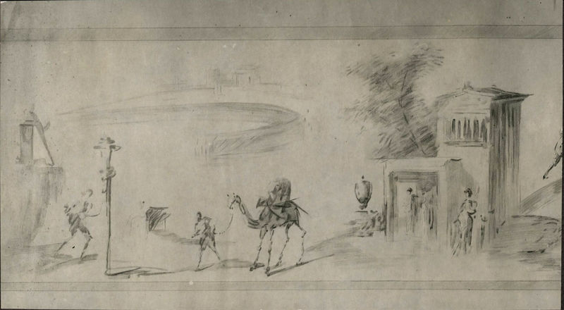 002662 - elaborato grafico - Casa di Livia, ala destra o Sala del Monocromo: disegno del primo pannello a sinistra del terzo intercolunnio della parete nord-est. Bibliografia: Rizzo "Le pitture di casa di Livia" 1936

Neg. serie Gabinetto Fotografico Nazionale  F nÂ°2048-2049