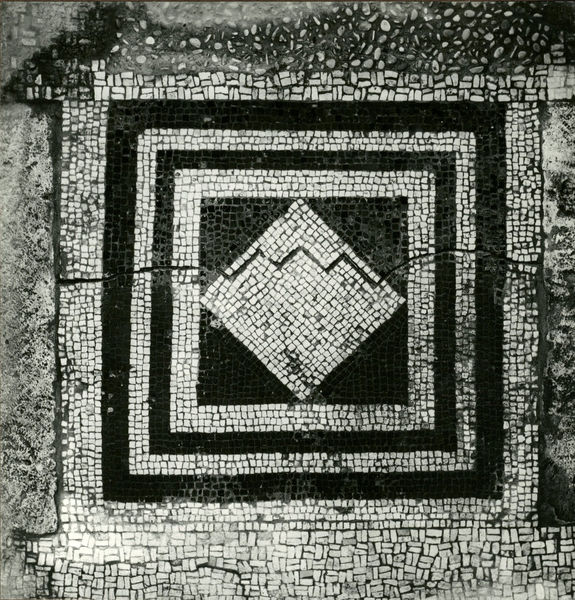 002699 - scavo archeologico - Casa Repubblicana a fianco delle Scalae Caci (sud-ovest della Casa di Livia), soglia tra l'ambiente I e l'ambiente III della pianta degli scavi del Carettoni del 1956. Il mosaico Ã¨ formato da un tappeto di tessere bianche e nere decorate con un rombo inscritto in due rettangoli. 

Bibliografia di riferimento: Morricone, M.L. "Mosaici antichi in Italia-Regio X Palatium" 1967 pag. 40 e ss. 
Carettoni, G.F. in RendPontAcc. XXIX, 1956-1957 pp. 58

Senza negativo