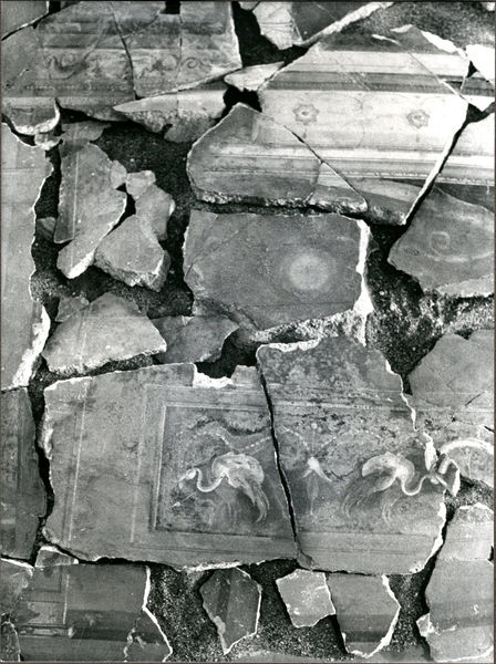 002077 - restauro - Casa di Augusto, "Studiolo di Augusto" c.d., cubicolo superiore, particolare della decorazione della parete settentrionale: durante il restauro della pittura parietale in secondo stile pompeiano, dopo il distacco, con successiva ricollocazione in situ. Bibliografia: Musatti, G. "Casa di Augusto sul Palatino. L'intervento di restauro e considerazioni sulla decorazione pittorica" in Bollettino d'Arte 2, aprile-giugno 2009 (serie VII) pp. 21 e ss. / Iacopi, I. "Casa di Augusto, le pitture" Electa 2007

Neg. serie Film nÂ° 817