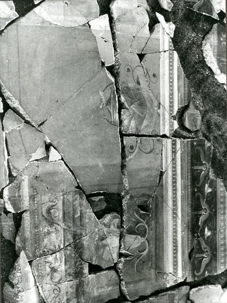 002078 - restauro - Casa di Augusto, "Studiolo di Augusto" c.d., cubicolo superiore, particolare della decorazione della parete settentrionale: durante il restauro della pittura parietale in secondo stile pompeiano, dopo il distacco, con successiva ricollocazione in situ. Bibliografia: Musatti, G. "Casa di Augusto sul Palatino. L'intervento di restauro e considerazioni sulla decorazione pittorica" in Bollettino d'Arte 2, aprile-giugno 2009 (serie VII) pp. 21 e ss. / Iacopi, I. "Casa di Augusto, le pitture" Electa 2007

Neg. serie Film nÂ° 817