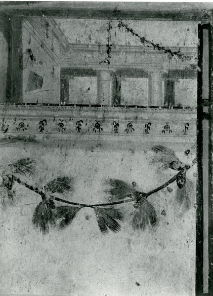 001906 - monumento - Casa di Augusto, "Stanza dei festoni di pino" c.d., parete settentrionale, particolare della decorazione dei festoni: pittura parietale in secondo stile pompeiano, in situ,1965.
Bibliografia: Musatti, G. "Casa di Augusto sul Palatino. L'intervento di restauro e considerazioni sulla decorazione pittorica" in Bollettino d'Arte 2, aprile-giugno 2009 (serie VII) pp. 21 e ss. /  Iacopi, I. "La Casa di Augusto, le pitture" Electa 2007 

Neg. serie 6x6 nÂ° 17972