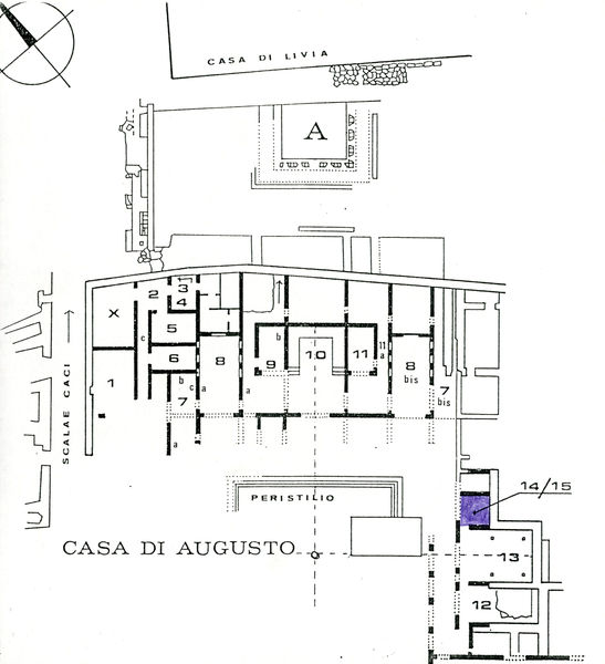 002044 - elaborato grafico - Pianta della Casa di Augusto, con particolare attenzione alla c.d. "Studiolo di Augusto", cubicolo superiore, ambiente 15 . Ulteriore bibliografia di riferimento: Musatti, G. "Casa di Augusto sul Palatino. L'intervento di restauro e considerazioni sulla decorazione pittorica" in Bollettino d'Arte 2, aprile-giugno 2009 (serie VII) pp. 21 e ss. /  Iacopi, I. "La Casa di Augusto, le pitture" Electa 2007  