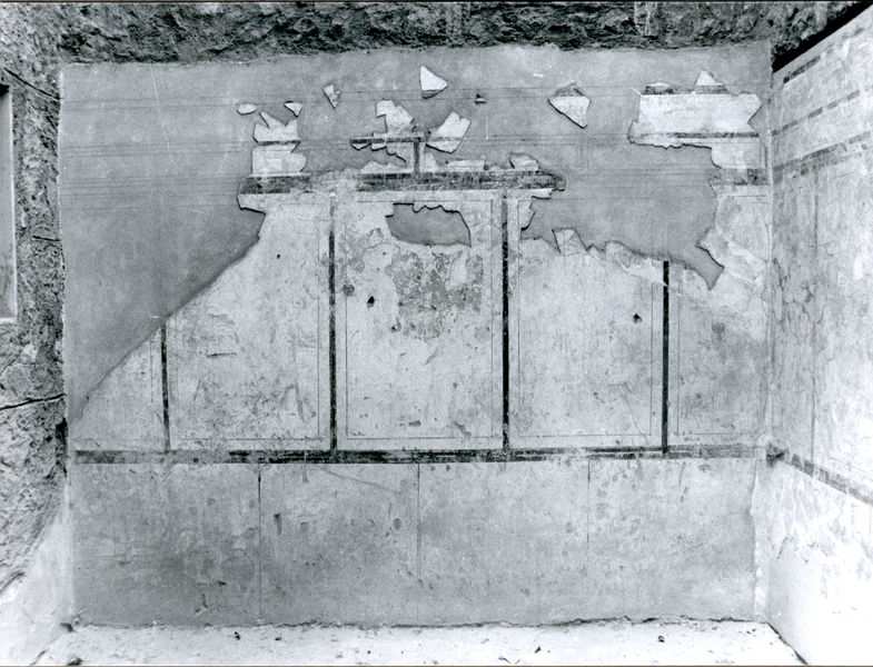 001862 - monumento - Casa di Augusto, ambiente 4, c.d. della scala: pittura parietale in secondo stile pompeiano, in situ.
Bibliografia: Musatti, G. "Casa di Augusto sul Palatino. L'intervento di restauro e considerazioni sulla decorazione pittorica" in Bollettino d'Arte 2, aprile-giugno 2009 (serie VII) pp. 21 e ss. /  Iacopi, I. "La Casa di Augusto, le pitture" Electa 2007 

Neg. serie Film nÂ° 1001