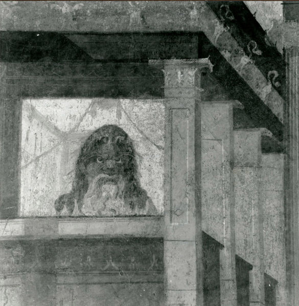 001898 - monumento - Casa di Augusto, "Stanza delle maschere" c.d.: pittura parietale in secondo stile pompeiano, in situ.
Bibliografia: Musatti, G. "Casa di Augusto sul Palatino. L'intervento di restauro e considerazioni sulla decorazione pittorica" in Bollettino d'Arte 2, aprile-giugno 2009 (serie VII) pp. 21 e ss. /  Iacopi, I. "La Casa di Augusto, le pitture" Electa 2007 

Neg. serie 6x6  nÂ° 24828