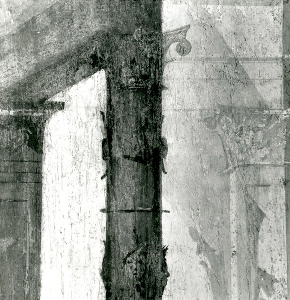 001899 - monumento - Casa di Augusto, "Stanza delle maschere" c.d.: pittura parietale in secondo stile pompeiano, in situ.
Bibliografia: Musatti, G. "Casa di Augusto sul Palatino. L'intervento di restauro e considerazioni sulla decorazione pittorica" in Bollettino d'Arte 2, aprile-giugno 2009 (serie VII) pp. 21 e ss. /  Iacopi, I. "La Casa di Augusto, le pitture" Electa 2007 

Neg. serie 6x6 nÂ° 24837
