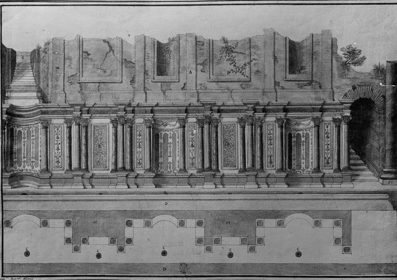 005486 - elaborato grafico - Palatino, Domus Transitoria, disegno del Ninfeo eseguito dal Bartoli nel '700 (Coll. Topham-Eton 7-fol.100); neg. serie C nÂ° 473