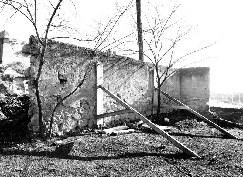 008591 - monumento - Palatino, Via dei Cerchi n. 93, vista dell'esterno del "grande rudere" con puntelli (marzo 1986); neg. serie film, n. 1638
