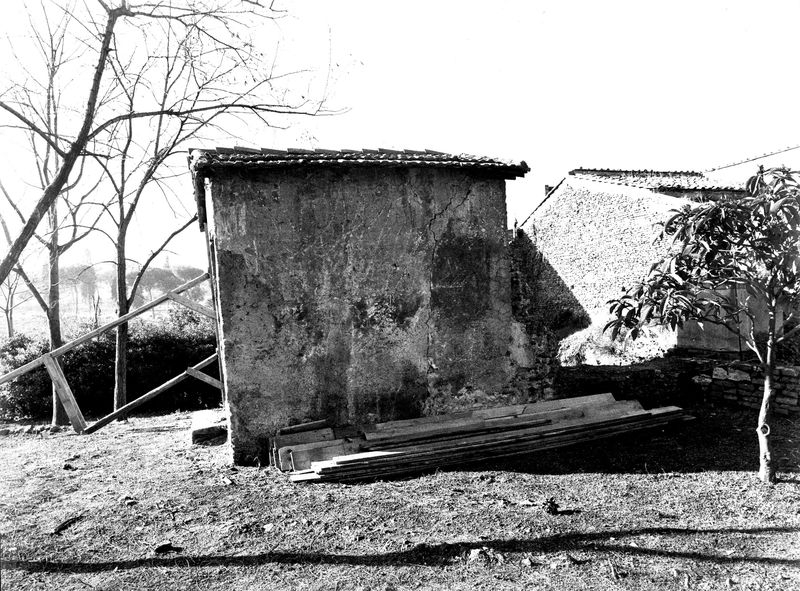 008592 - monumento - Palatino, Via dei Cerchi n. 93, vista dell'esterno del "grande rudere" con puntelli (marzo 1986); neg. serie film, n. 1638